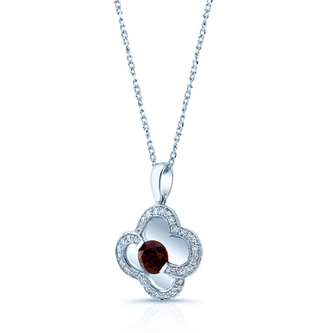 Garnet And Diamond Clover Pendant In 14k White Gold (17-in Curb Chain)