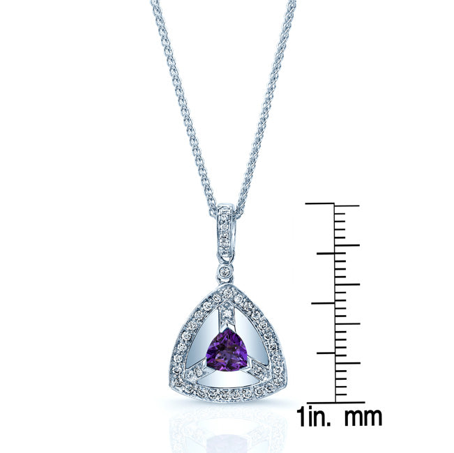 Amethyst And Diamond Triangular Dangle Pendant In 14k White Gold (17-in Wheat Chain)