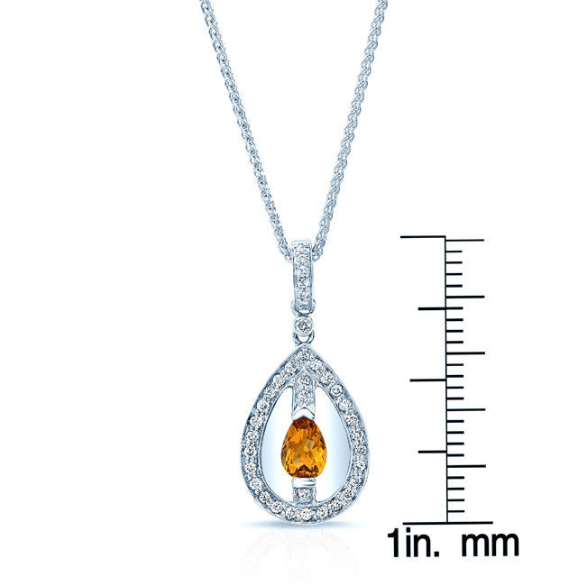 Citrine And Diamond Teardrop Dangle Pendant In 14k White Gold ( 17-in Wheat Chain)