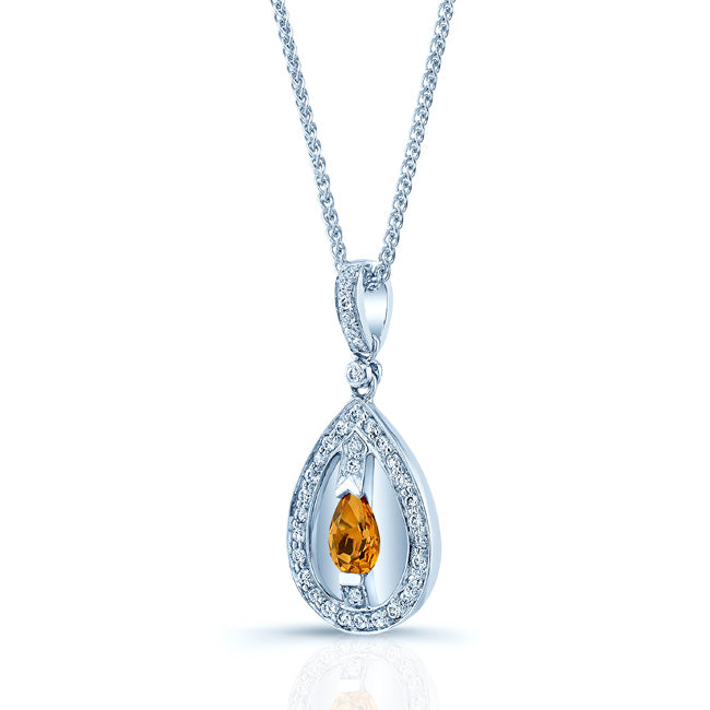 Citrine And Diamond Teardrop Dangle Pendant In 14k White Gold ( 17-in Wheat Chain)