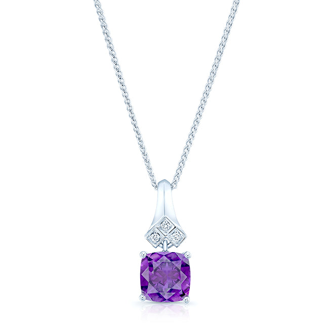 Amethyst And Diamond Cushion Dangle Pendant In 14k White Gold (18-in Curb Chain)