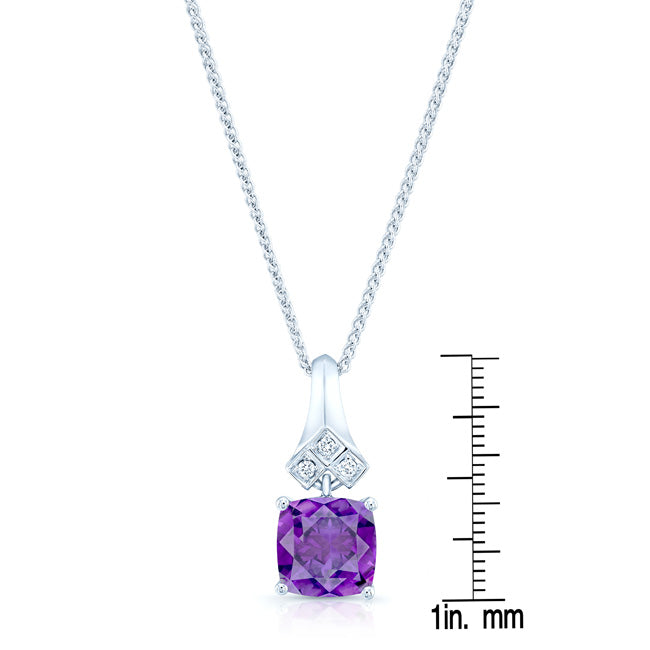 Amethyst And Diamond Cushion Dangle Pendant In 14k White Gold (18-in Curb Chain)