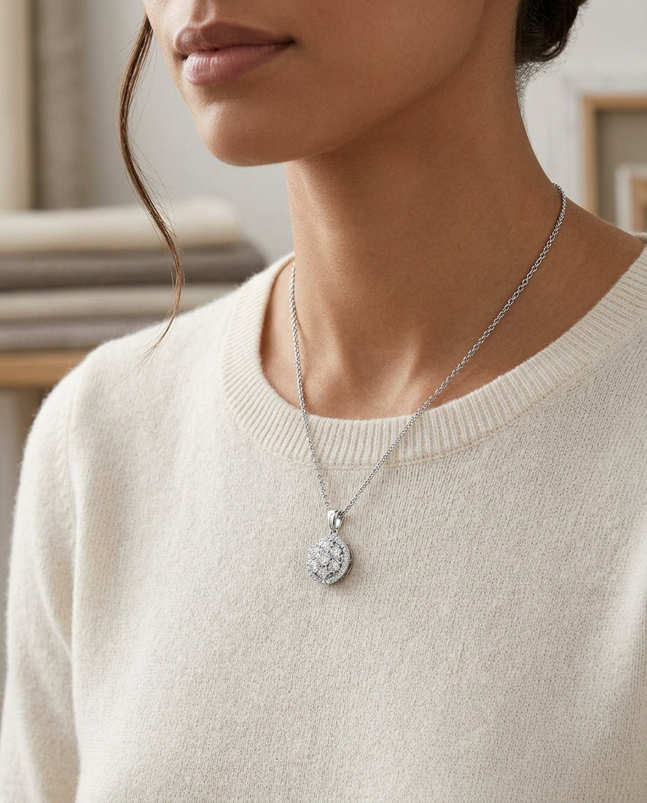 Diamond Halo Pendant In 14k White Gold — editorial close-up