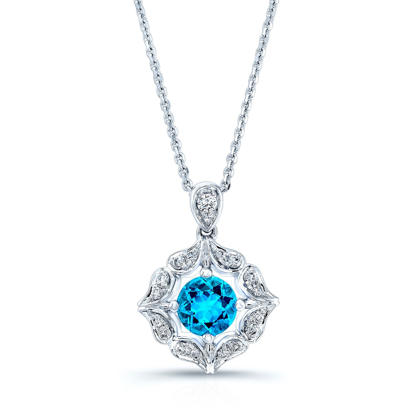 Blue Topaz And Diamond Floral Pendant In 14k White Gold