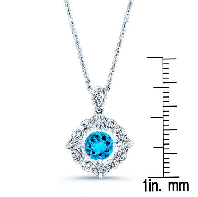 Blue Topaz And Diamond Floral Pendant In 14k White Gold
