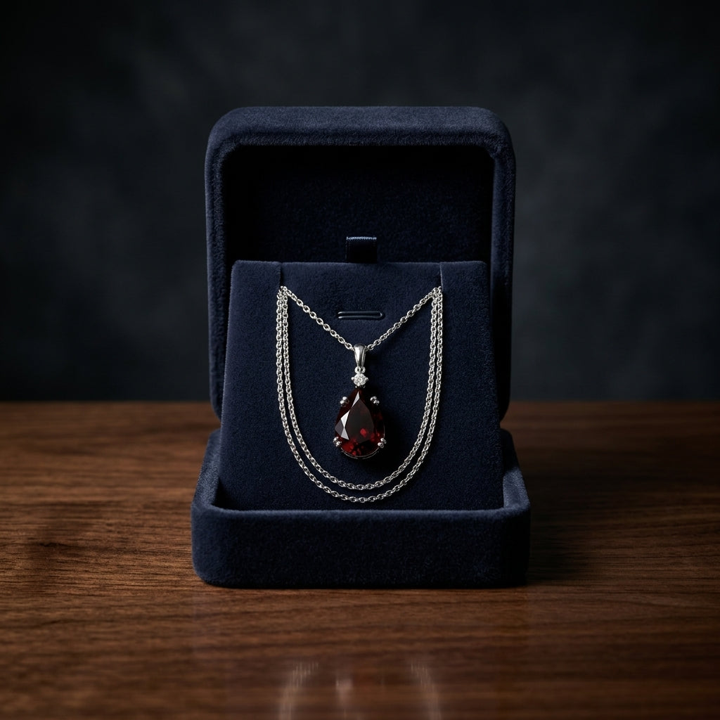 Garnet And Diamond Pendant In 14k White Gold On 18" Baby Curb Chain — gift presentation