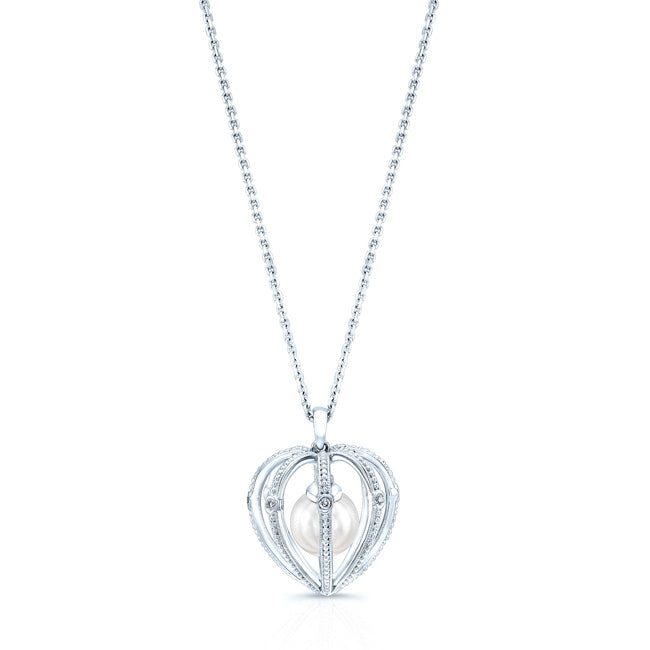 Pearl And Diamond Heart Cage Dangle Pendant In 14k White Gold (17-in Curb Chain)