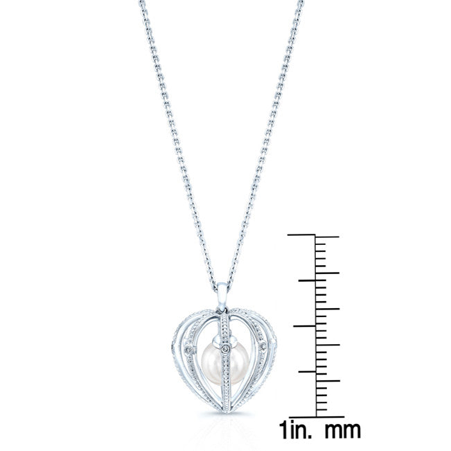 Pearl And Diamond Heart Cage Dangle Pendant In 14k White Gold (17-in Curb Chain)