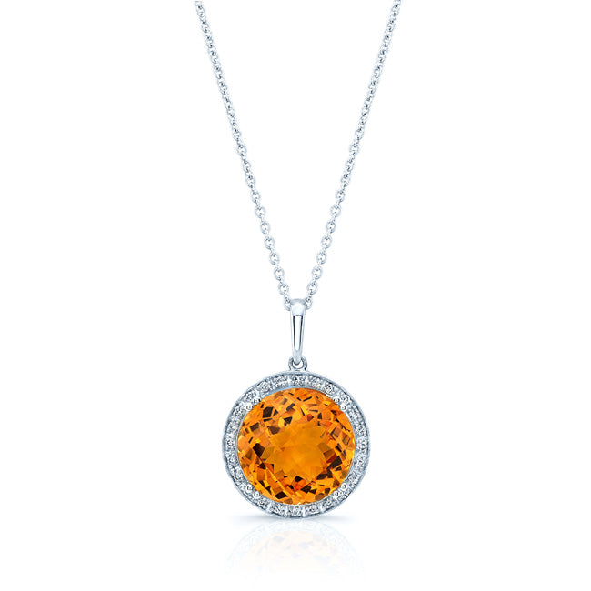Round Checkerboard Cut Citrine And Diamond Pendant In 14k White Gold