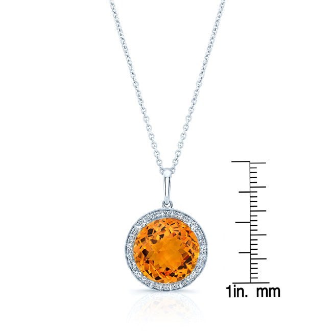 Round Checkerboard Cut Citrine And Diamond Pendant In 14k White Gold