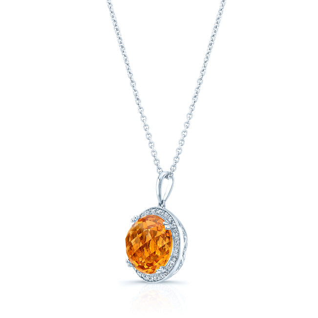 Round Checkerboard Cut Citrine And Diamond Pendant In 14k White Gold