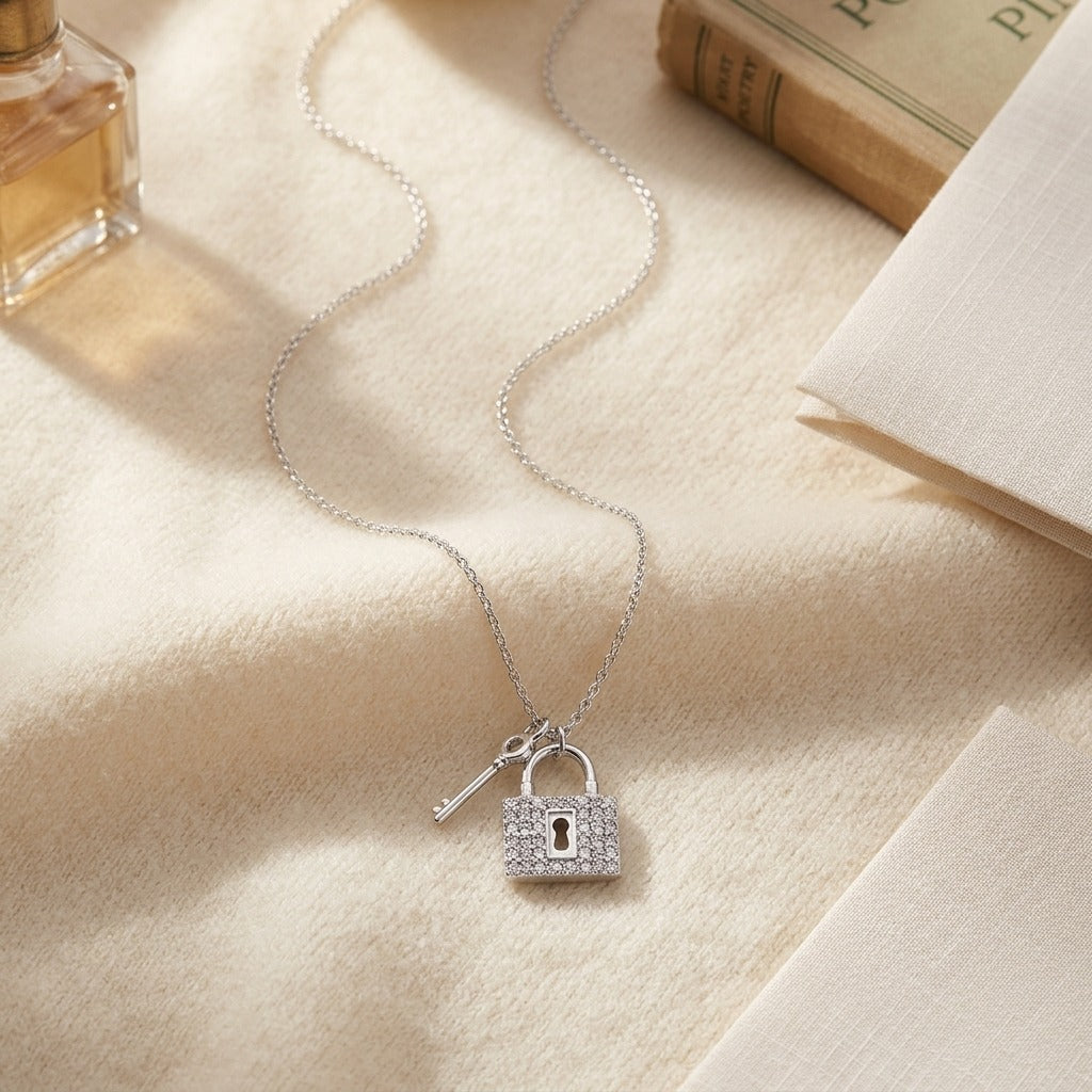 Diamond Lock and Key Pendant in 14k White Gold (17-in Baby Curb Chain) — textile flat lay