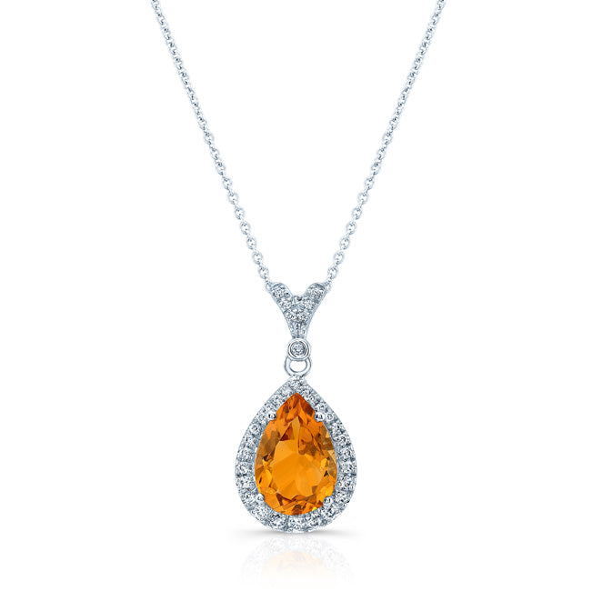 Pear Citrine And Diamond Pendant In 14k White Gold