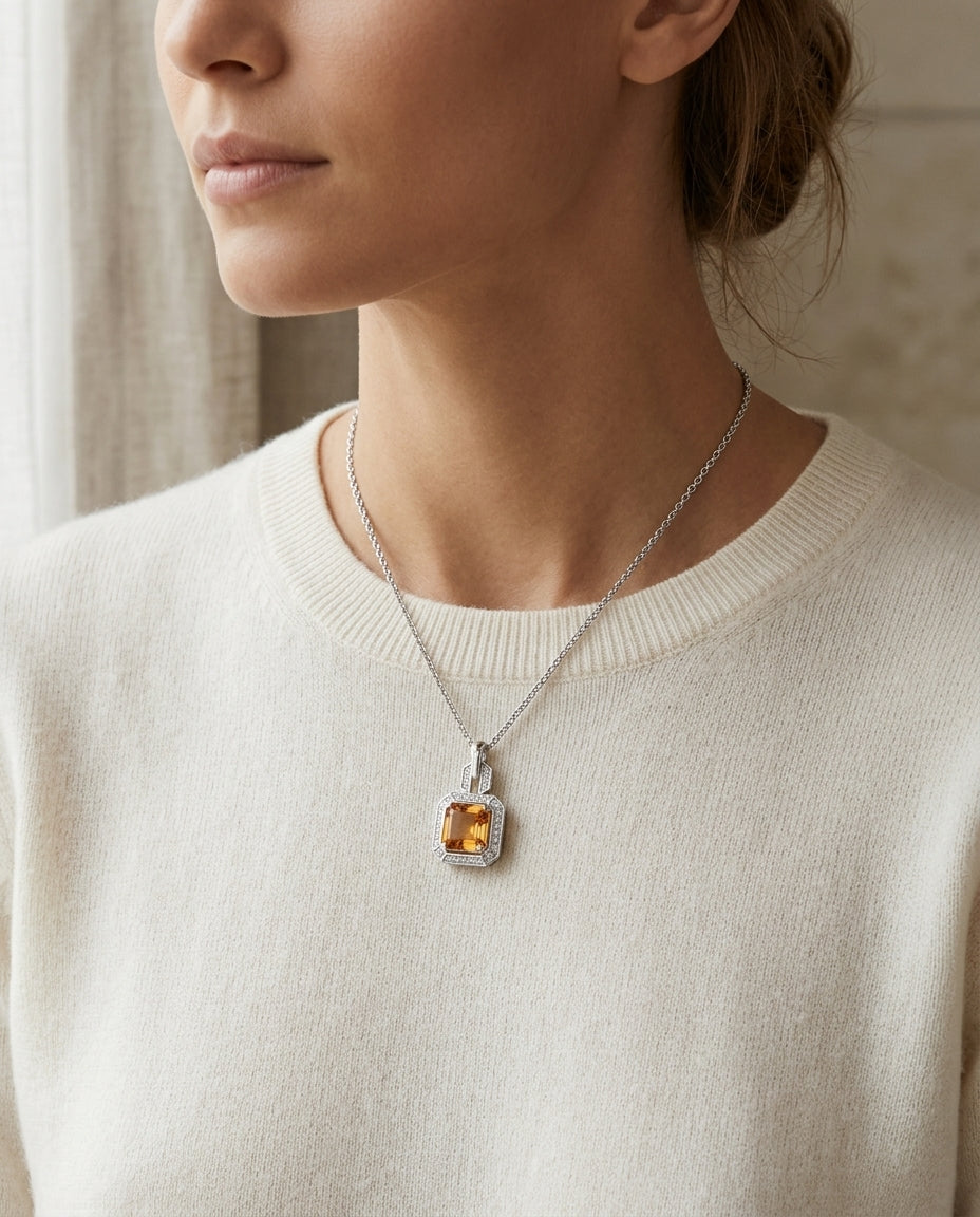 Citrine And Diamond Pendant In 14k White Gold (9mm) — editorial close-up
