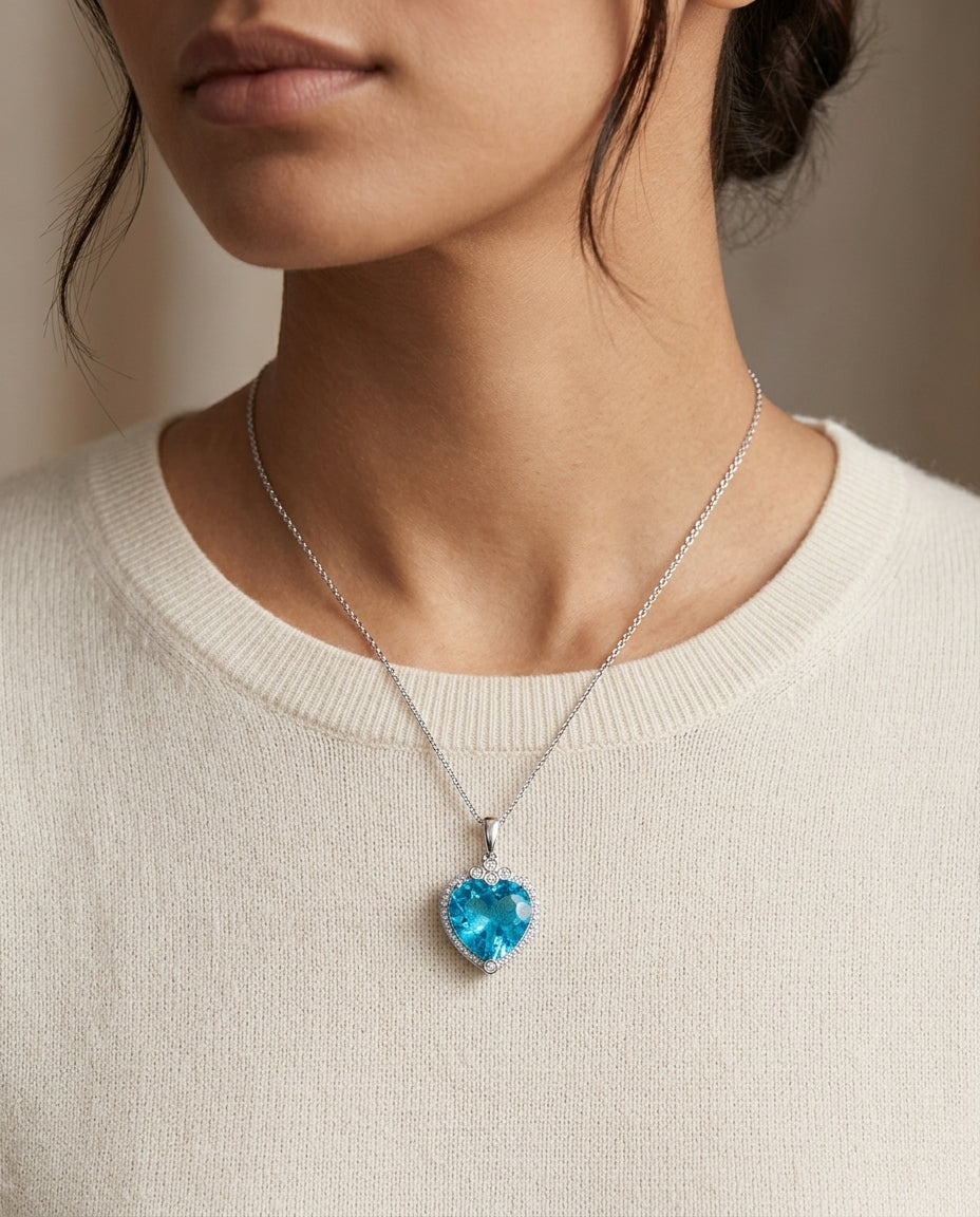 Blue Topaz And Diamond 14kw Heart Pendant — editorial close-up