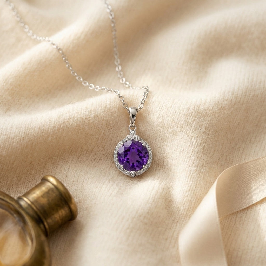 Amethyst And Diamond Round Halo Pendant With Bezel Accent In 14k White Gold — textile flat lay