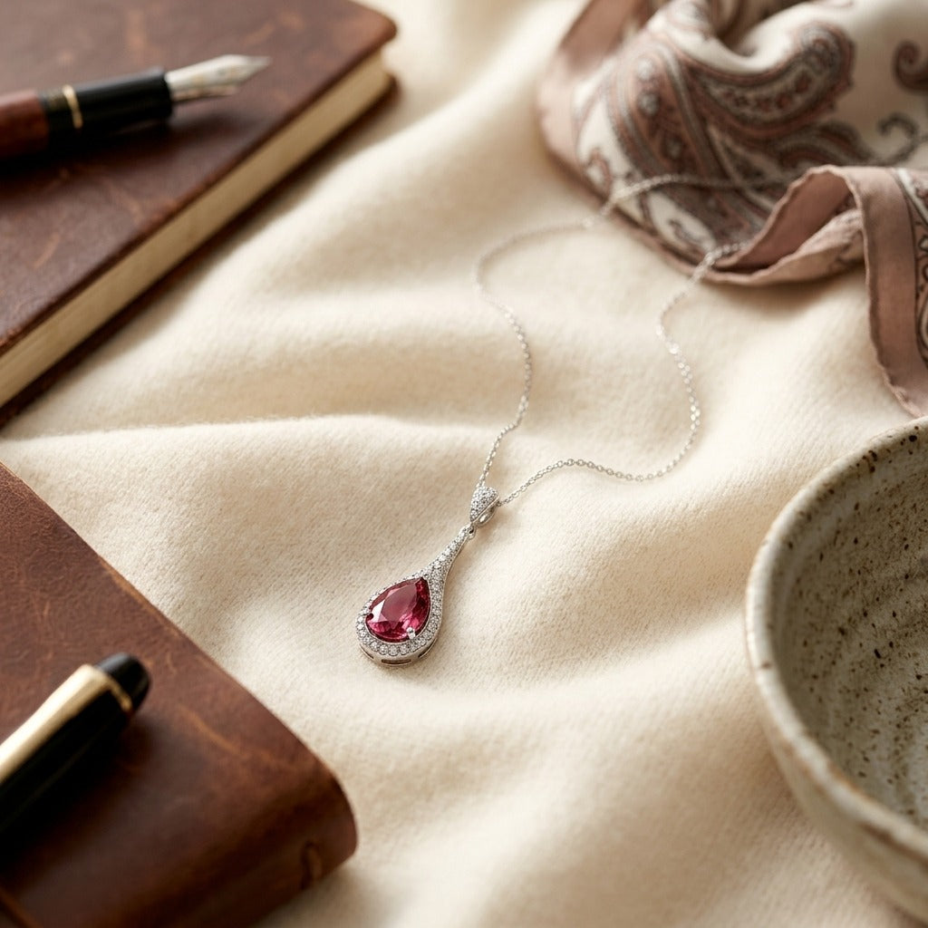 Pink Tourmaline and Diamond Pave Paddle Pendant in 14k White Gold, 16-Inch Chain — textile flat lay