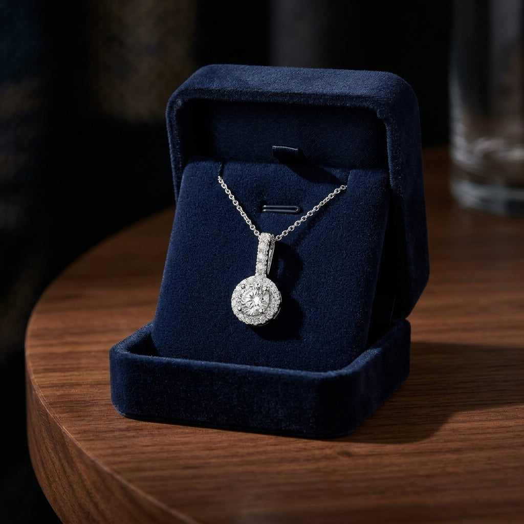 Diamond Halo Pendant With Studded Bale In 14k White Gold 1/2ctw — gift presentation