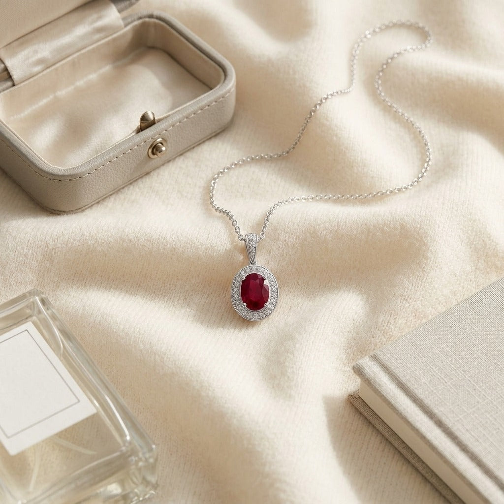 Ruby And Diamond Pendant In 14k White Gold (1/6 Ct. Tw,) — textile flat lay
