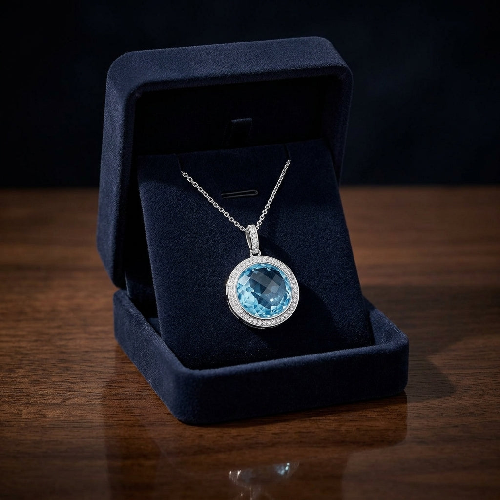 Blue Topaz And Diamond Round Checkerboard Halo Pendant In 14k White Gold — gift presentation
