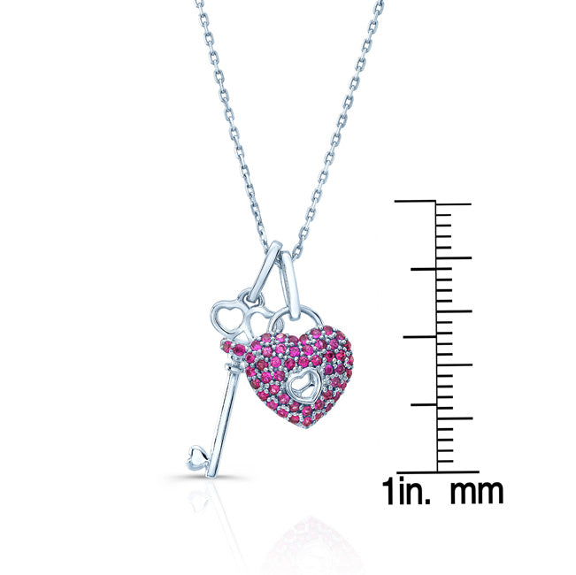 Ruby Heart Lock & Key Pendant In 14k White Gold (18-in Curb Chain)