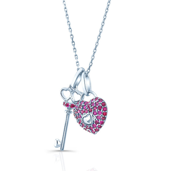 Ruby Heart Lock & Key Pendant In 14k White Gold (18-in Curb Chain)