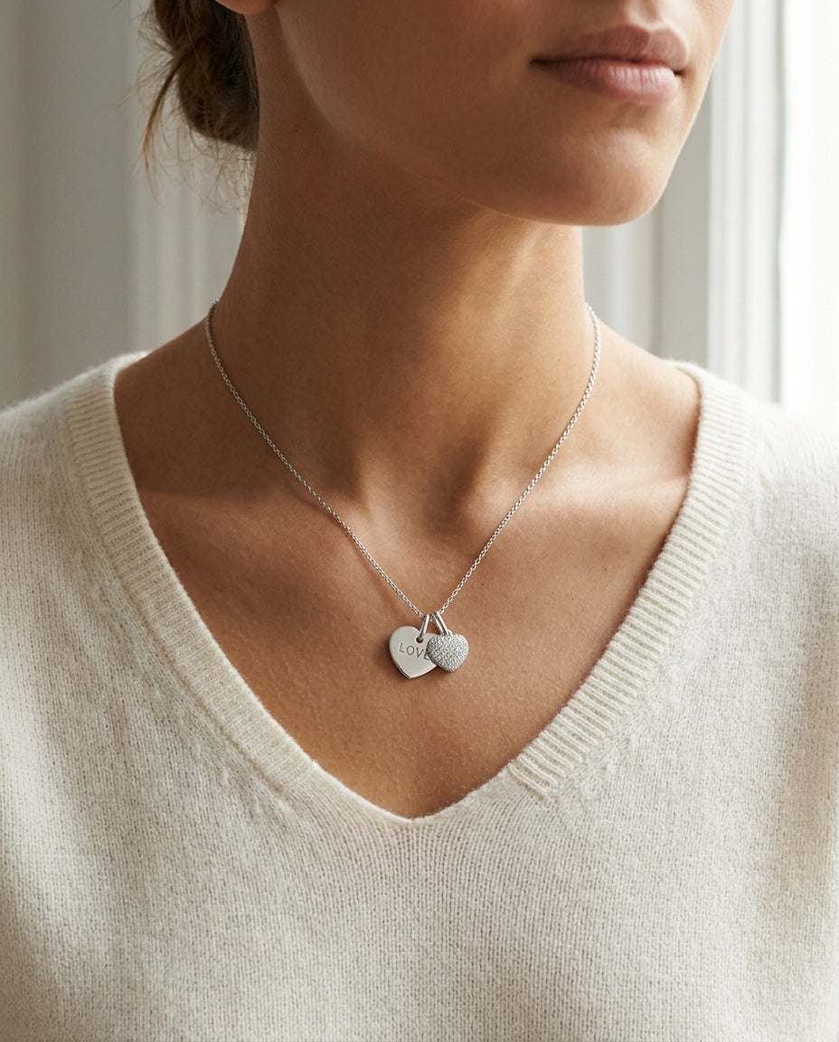 Diamond Double Heart Dangle Pendant In 14k White Gold (18 In Curb Chain) — editorial close-up
