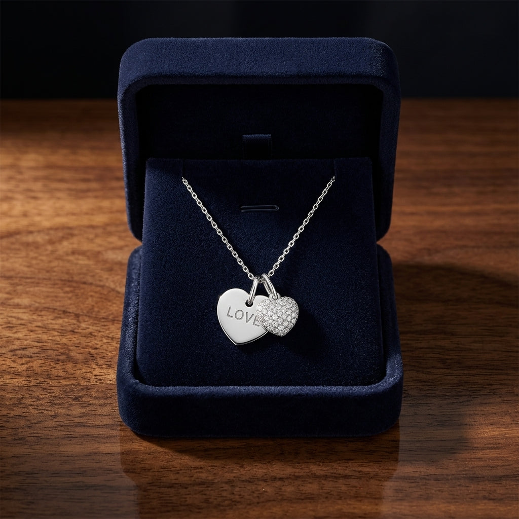 Diamond Double Heart Dangle Pendant In 14k White Gold (17 In Curb Chain) — gift presentation