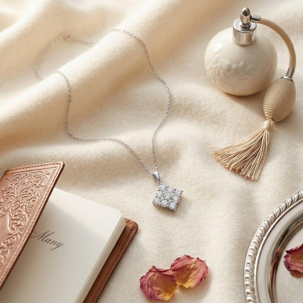 Diamond Square Cluster Pendant In 14k White Gold — textile flat lay