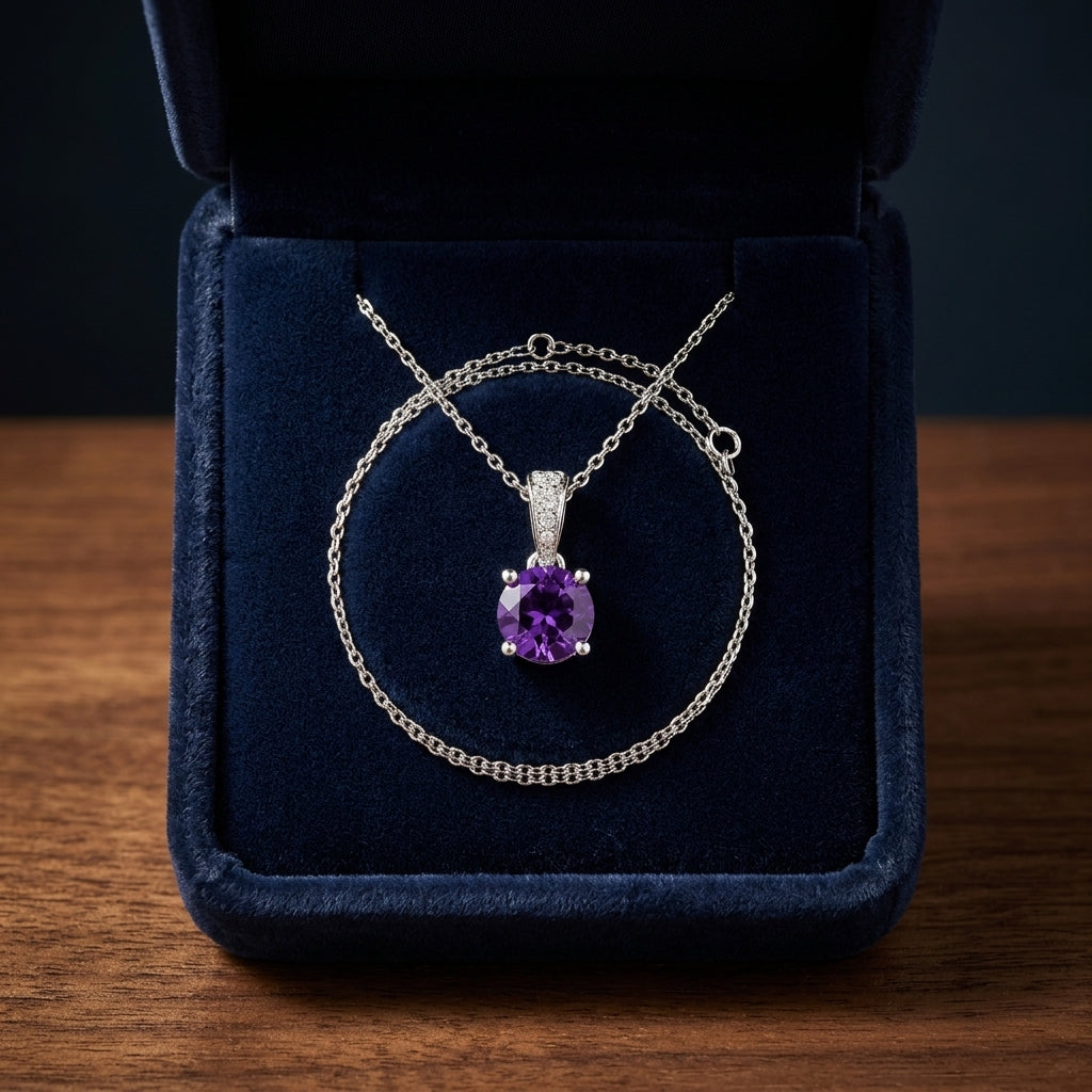 Amethyst And Diamond Round Dangle Pendant In 14kw, 18 Inch Chain — gift presentation