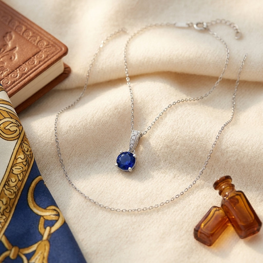 Sapphire Round Solitaire Pendant With Diamond Bail In 14k White Gold (17-in Curb Chain) — textile flat lay