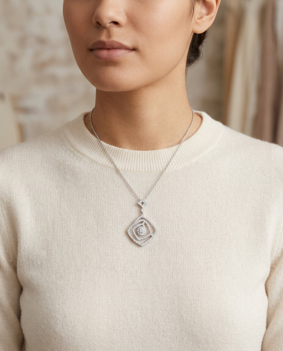 Diamond Geometric Pendant In 14k White Gold — editorial close-up