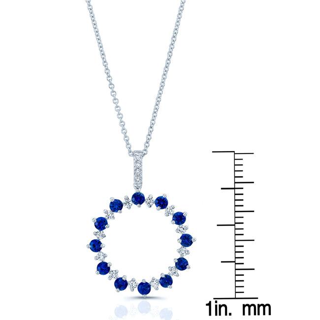 Sapphire And Diamond Prong Circle Pendant With Diamond Bale In 14k White Gold (18-in Curb Chain)