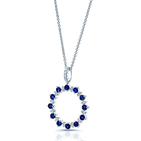 Sapphire And Diamond Prong Circle Pendant With Diamond Bale In 14k White Gold (18-in Curb Chain)