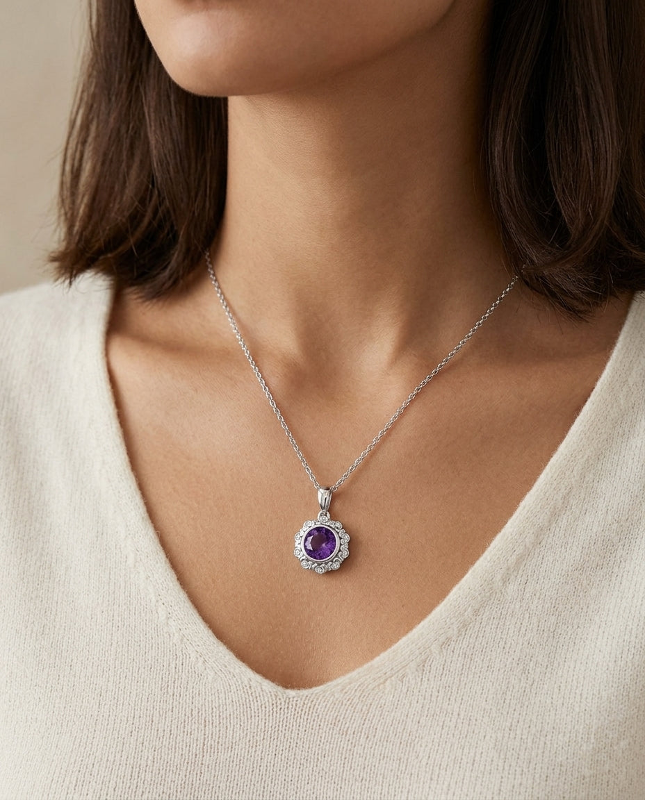 14kw Gold Amethyst & Diamond Pendant — editorial close-up