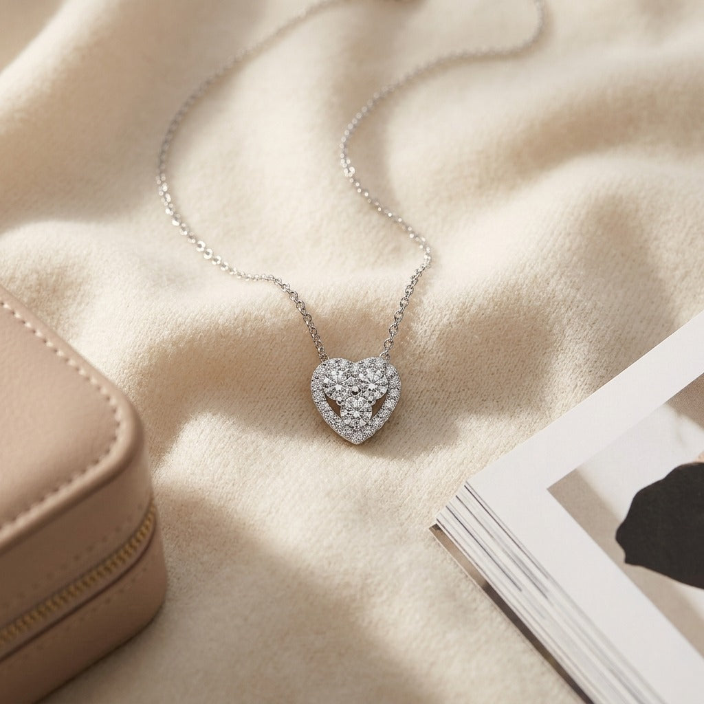 Diamond Heart Pendant In 14k White Gold (3/8 Ct.tw.) — textile flat lay