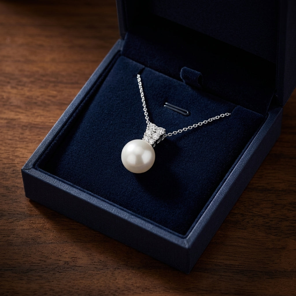 White Cultured Akoya Pearl Pendant With Diamond Prong-set Tapered Bail In 14k White Gold — gift presentation