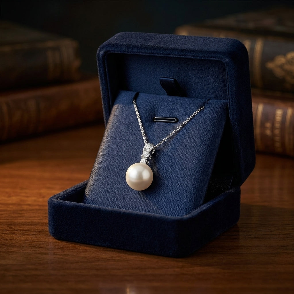 White Cultured Akoya Pearl And Diamond Pendant In 14k White Gold — gift presentation