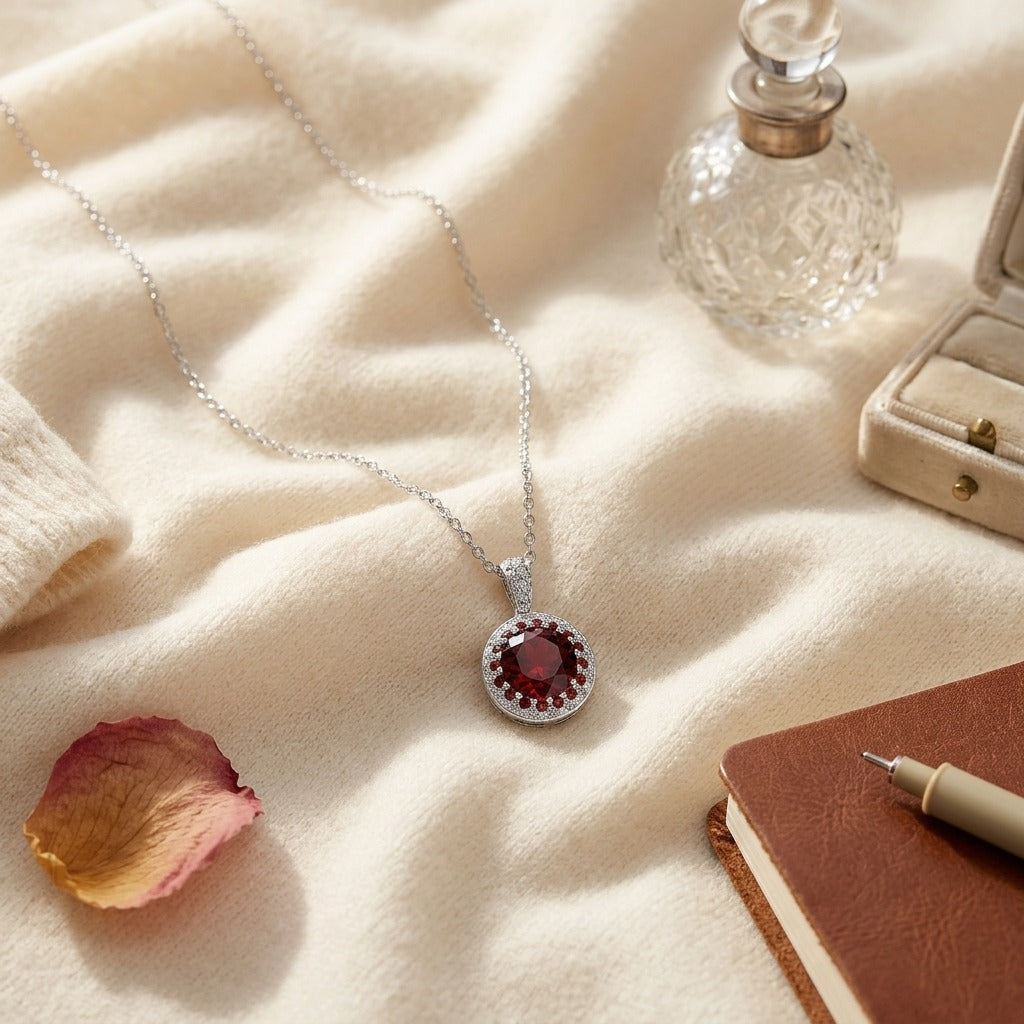 Garnet, Orange Sapphire And Diamond Halo Pendant In 14k White Gold — textile flat lay