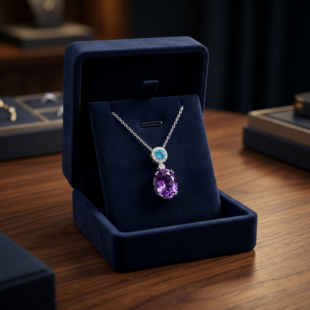 Amethyst, Swiss Blue Topaz And Diamond Earrings In 14k White Gold (9x7mm) — gift presentation