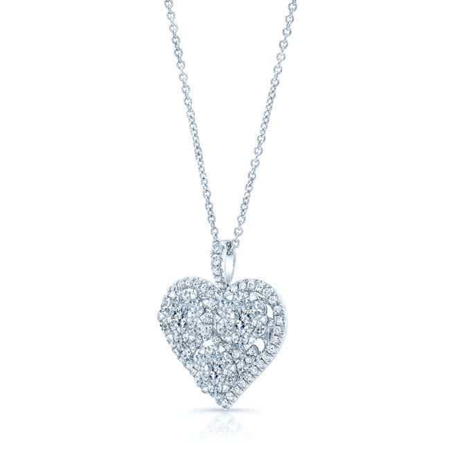 Three Cluster Heart Pendant In 14k White Gold