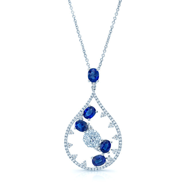 Sapphire And Diamond Cascade Tear Drop Pendant In 14k White Gold (si)