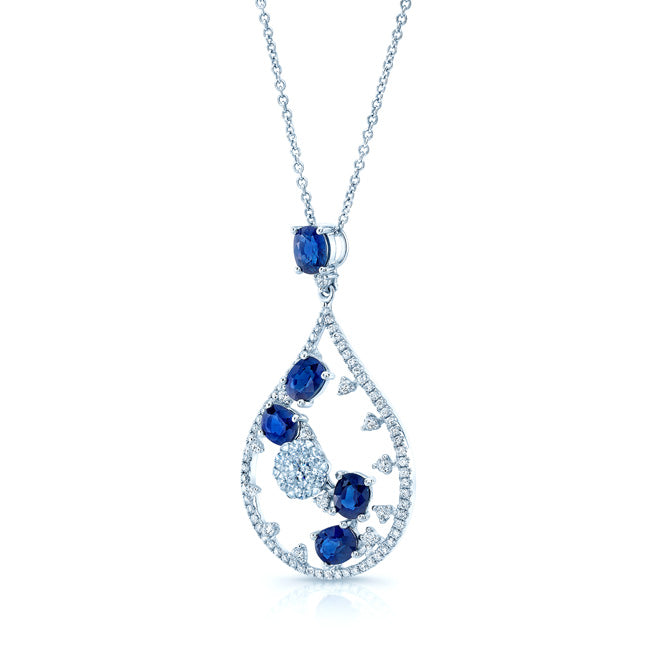 Sapphire And Diamond Cascade Tear Drop Pendant In 14k White Gold (si)