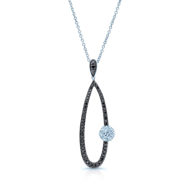Black And White Diamond Long Tear Drop Pendant In 14k White Gold (si)