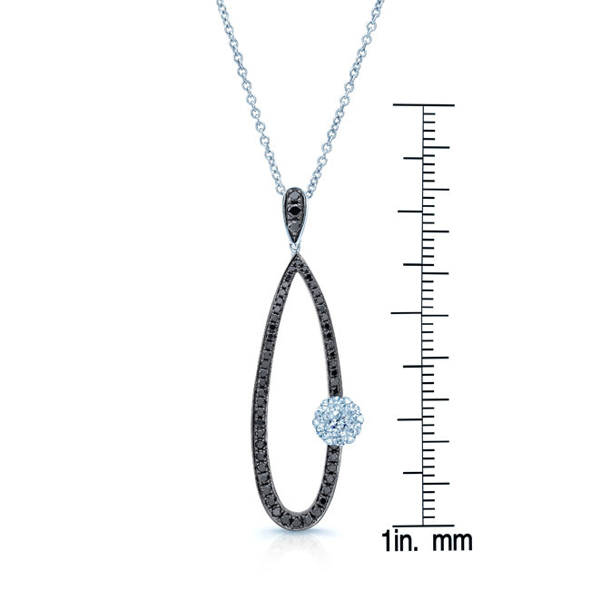 Black And White Diamond Long Tear Drop Pendant In 14k White Gold (si)