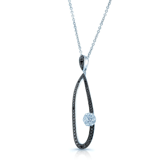 Black And White Diamond Long Tear Drop Pendant In 14k White Gold (si)