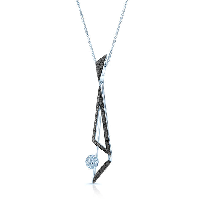 Black And White Diamond Elongated Triangles Pendant In 14k White Gold (si)