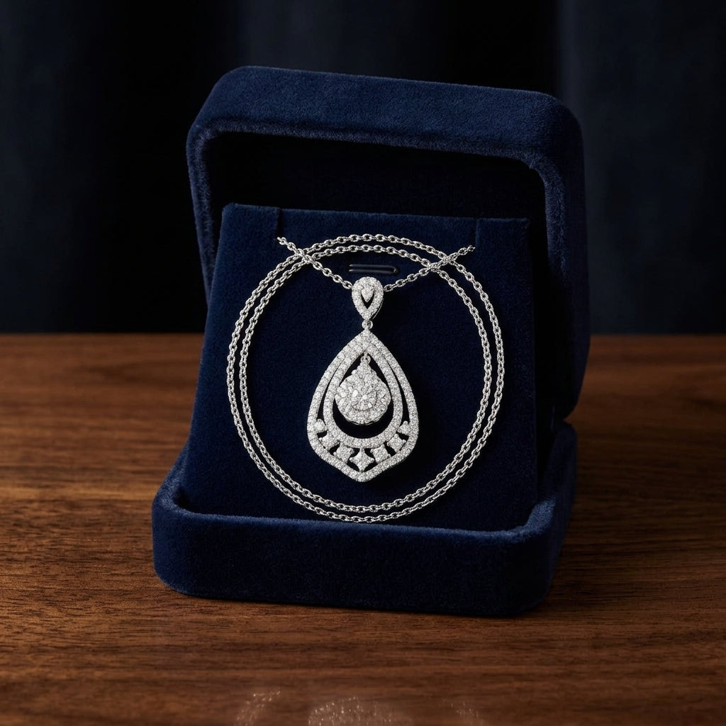 Diamond Open Teardrop Pendant With Cluster Center In 14k White Gold — gift presentation