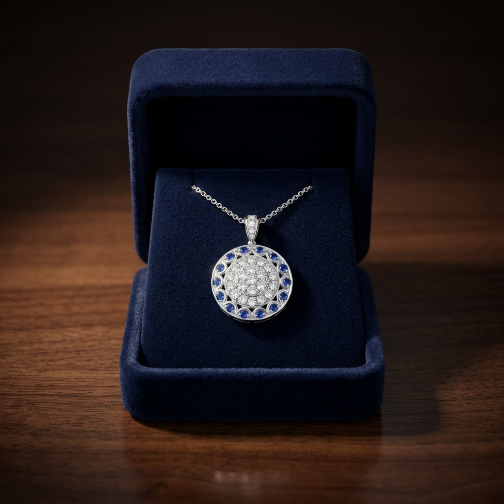 Sapphire And Diamond Antique Pendant In 14k White Gold — gift presentation