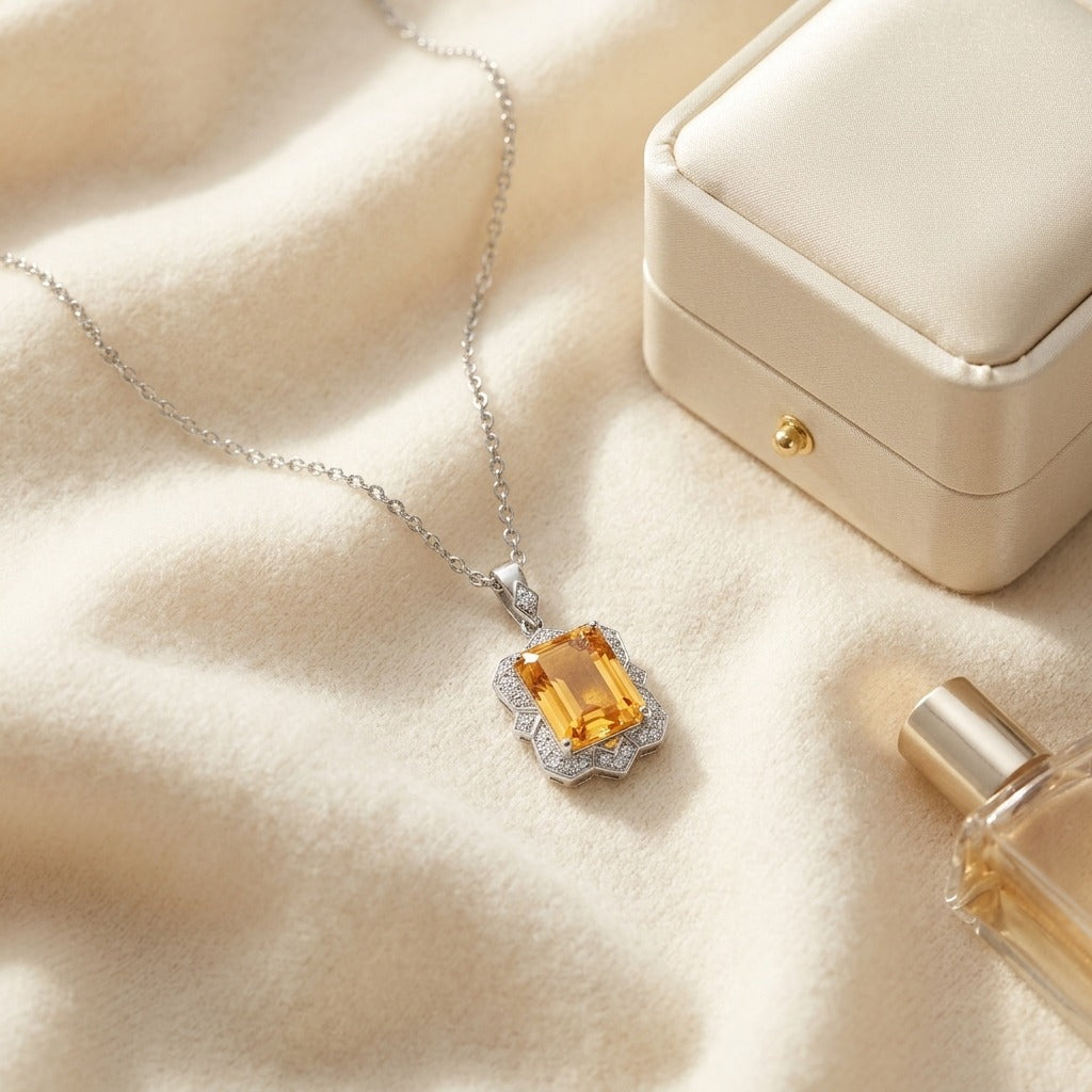 Citrine Emerald Cut And Diamond Pendant In 14k White Gold (1/5 Ct.tw.) — textile flat lay